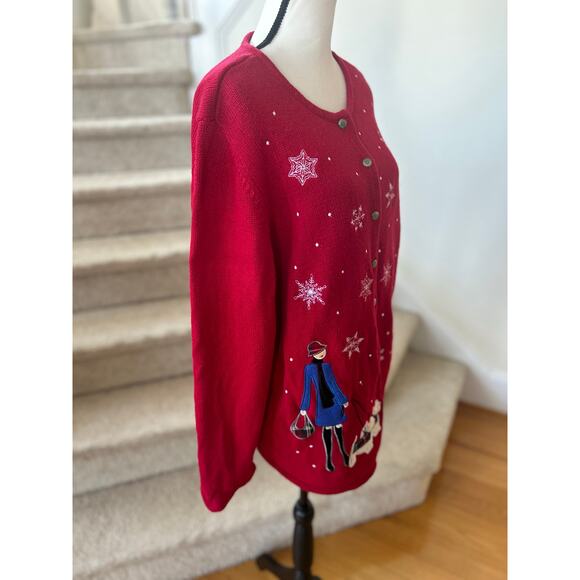 Vintage 90s Red Holiday Woman Walking Scottie Dog Cardigan Christmas Winter - Picture 2 of 8